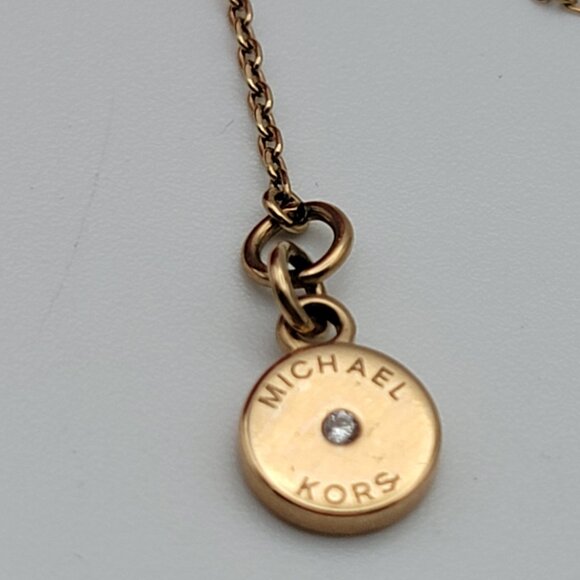 Michael Kors Gold Tone Crystal Heart Logo Pendant Necklace 18" Adjustable - Picture 3 of 5